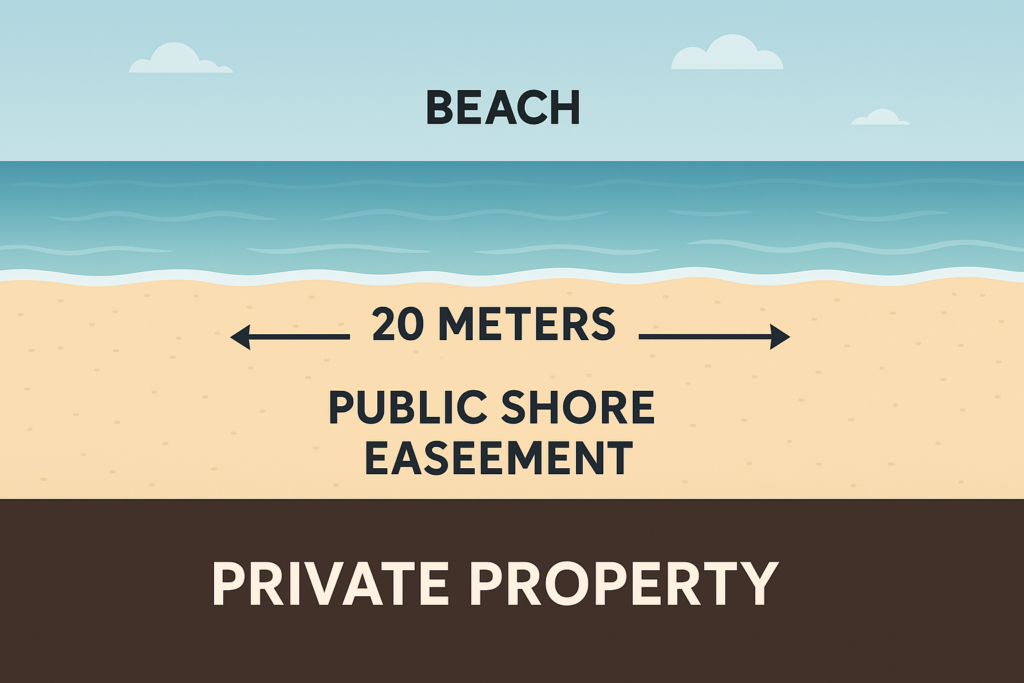 Beach Access in the Philippines – 20 Meter Public Zone Rule Illustration of a beach in the Philippines showing the 20-meter public land salvage zone for legal camping