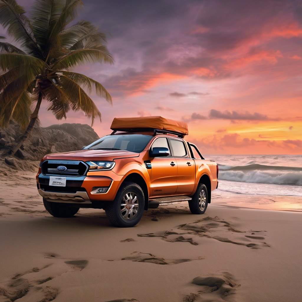 Orange 4x4 rooftop camper parked on a tropical beach at sunset in the Philippines.