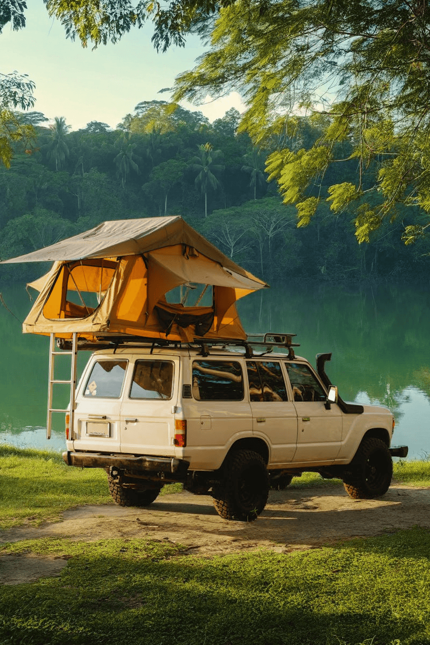 Rooftop camper with open tent parked beside a serene lake surrounded by forest — weekend escape in the Philippines